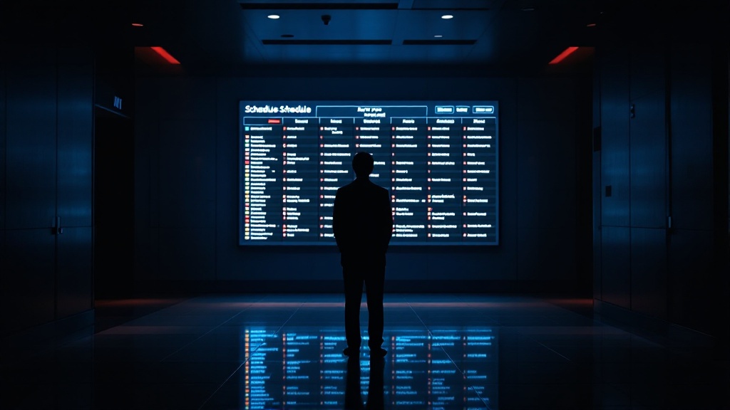 Silhouette of a professional reviewing a large digital schedule display in a Japanese convention center corridor