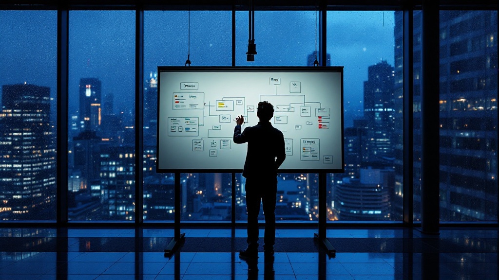 Silhouette of a person mapping out a strategic framework on a whiteboard in a Tokyo office at dusk