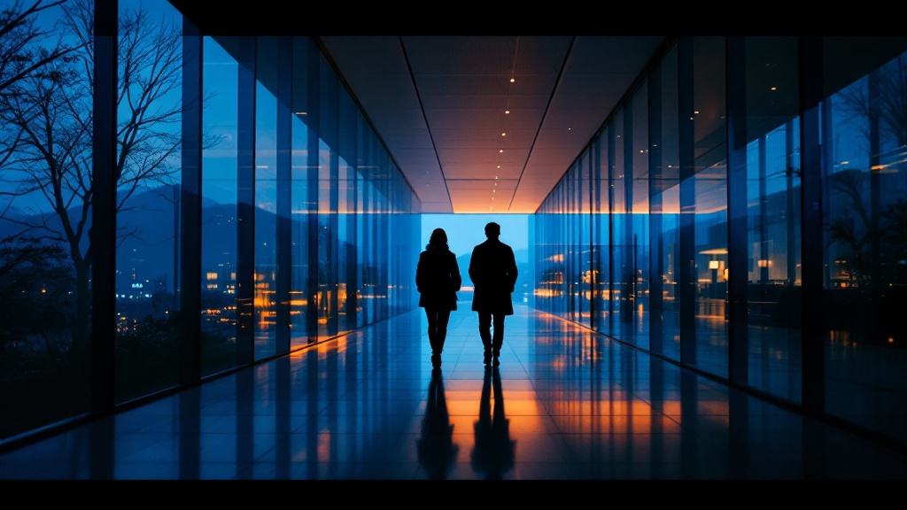 Two silhouetted figures walking through a glass corridor of a Japanese research institute at dusk