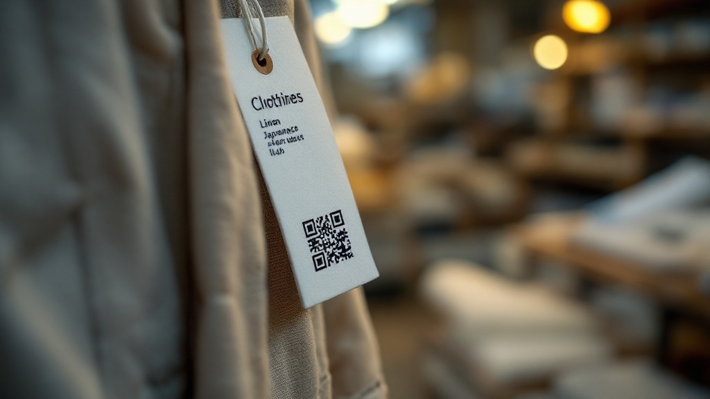 Hand holding a garment tag with QR code against a blurred textile workshop background
