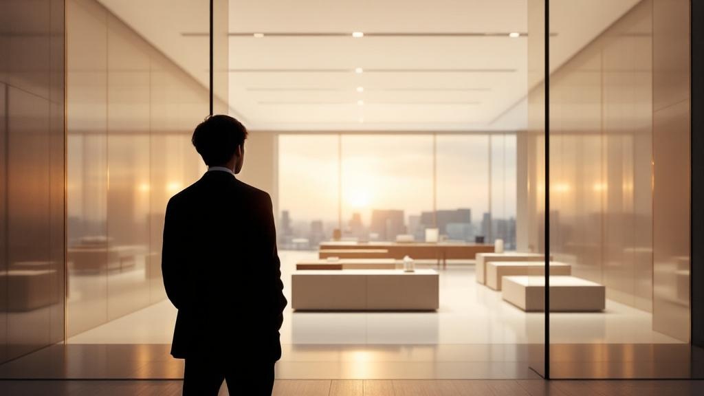 Silhouette viewing a completed modern retail flagship interior in Japan during evening golden hour