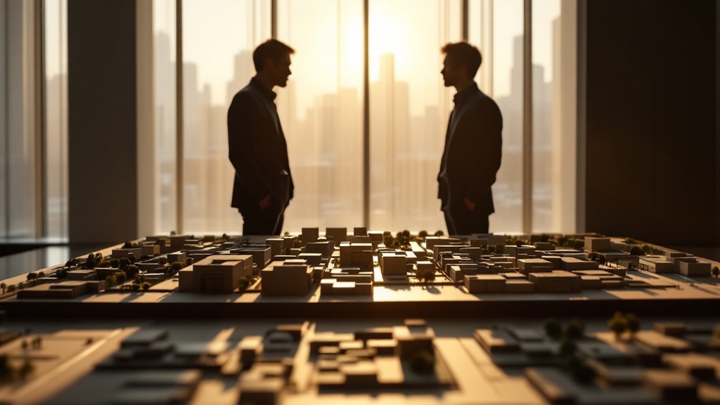 Silhouettes of two professionals examining an architectural scale model of a Japanese neighborhood redevelopment in a modern Tokyo office