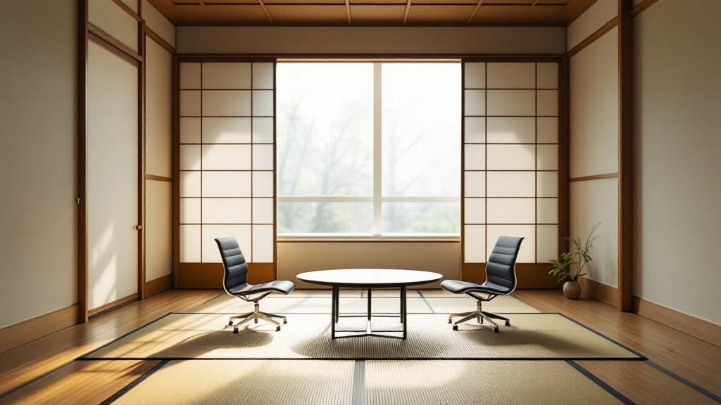 Elegant Japanese-style meeting room with two chairs and shoji screens in soft morning light
