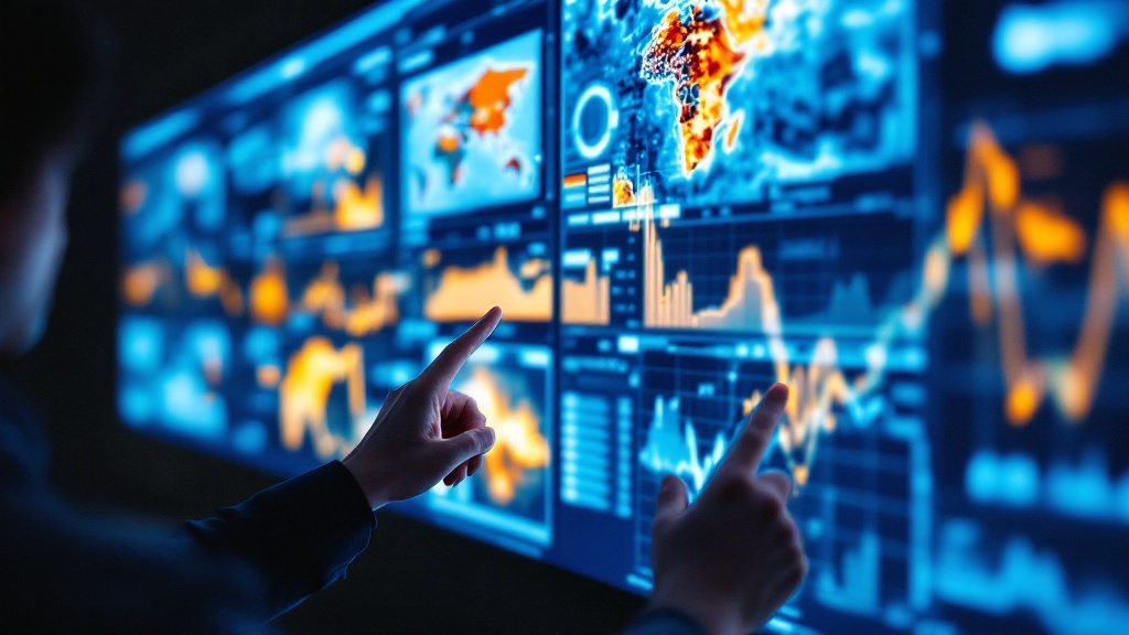Hands pointing at emergency monitoring dashboard with abstract data visualizations in Tokyo operations center