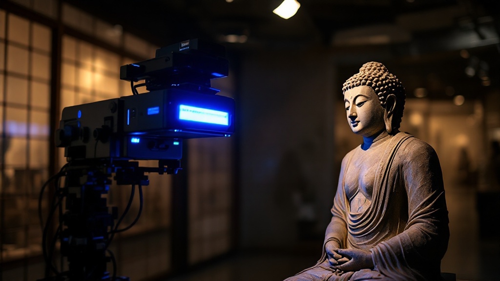Photogrammetry scanning equipment capturing a stone Buddhist statue in a Japanese museum storage facility