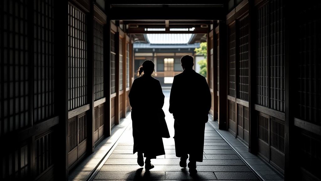 Silhouettes of two figures walking through a traditional Japanese wooden corridor toward a sunlit courtyard