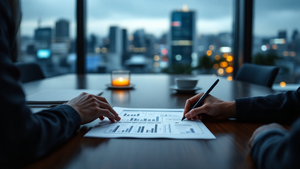 Hands arranging strategy documents on a conference table in a Tokyo high-rise with blurred evening cityscape in background