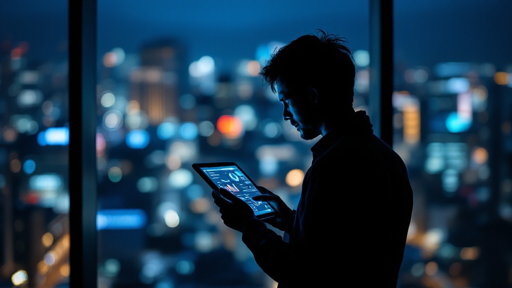Researcher's hands holding a tablet with abstract data visualizations in a Tokyo office at night