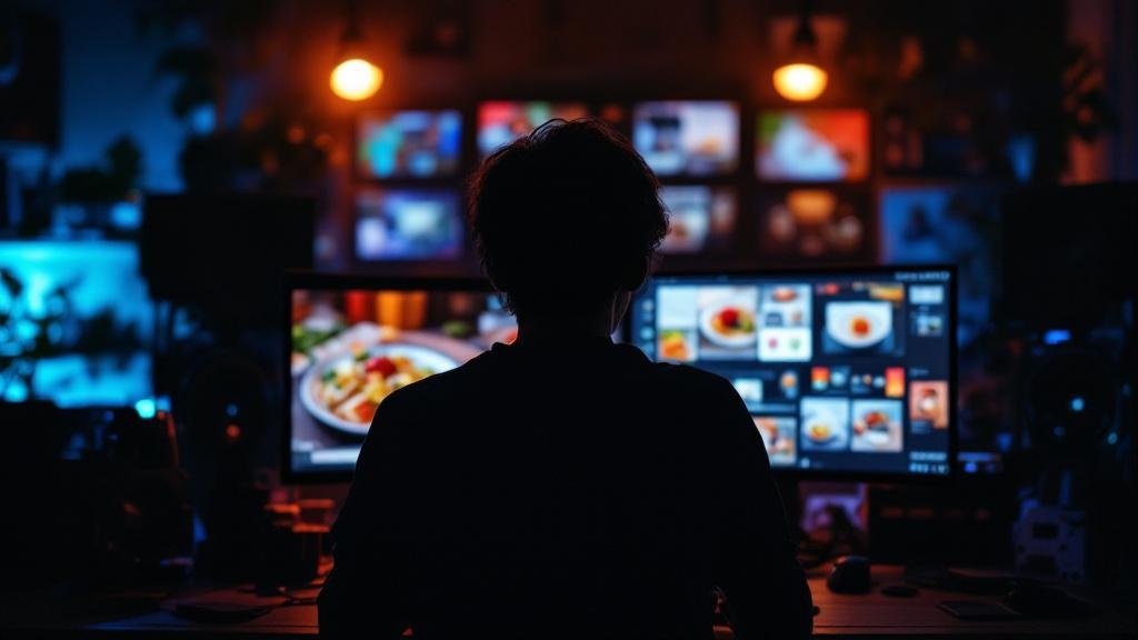 Silhouette reviewing food brand visuals on dual monitors in a creative studio