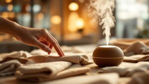Hand examining textured fabric samples in a luxury Tokyo retail environment with ambient lighting and a scent diffuser