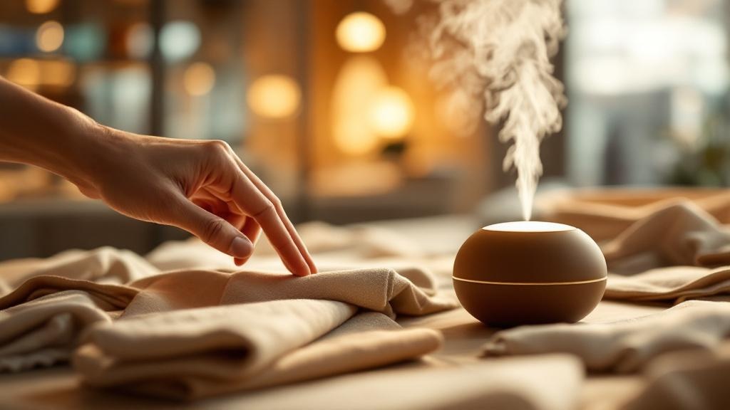 Hand examining textured fabric samples in a luxury Tokyo retail environment with ambient lighting and a scent diffuser