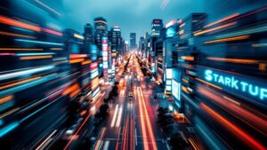 Aerial twilight view of Tokyo's Shibuya tech district with illuminated office towers and blurred neon reflections on wet streets