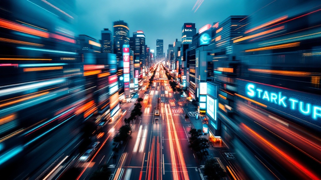 Aerial twilight view of Tokyo's Shibuya tech district with illuminated office towers and blurred neon reflections on wet streets