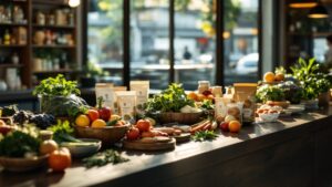 Premium sustainable food products displayed on wooden counter in upscale Tokyo grocery store with natural morning light