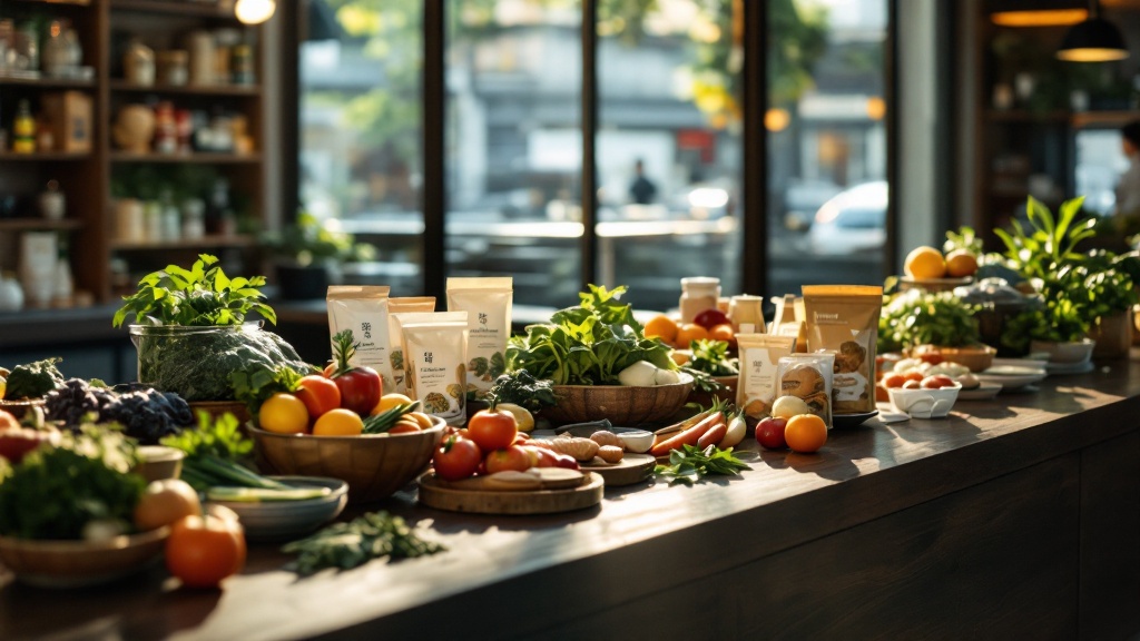 Premium sustainable food products displayed on wooden counter in upscale Tokyo grocery store with natural morning light