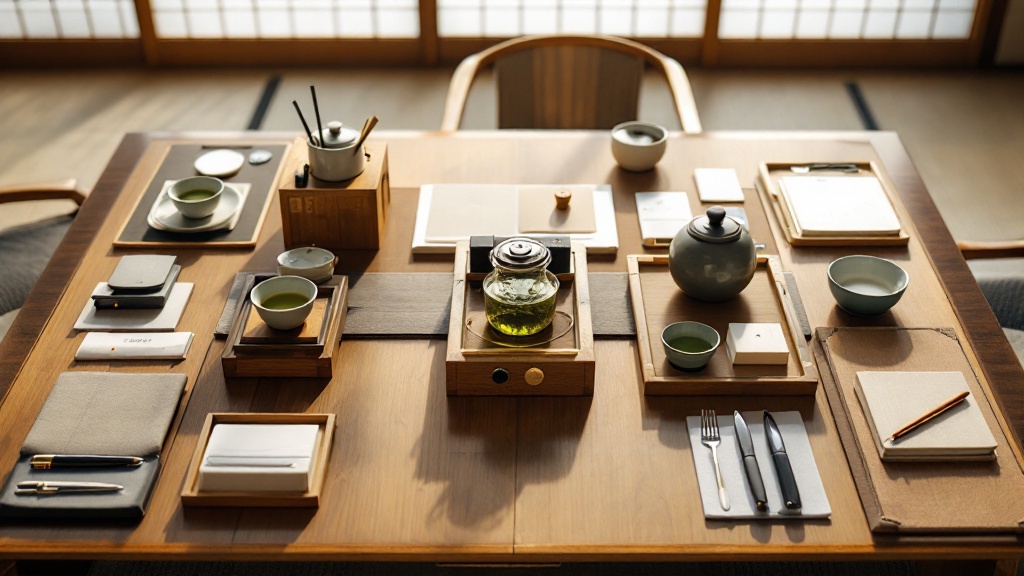 Overhead view of a traditional Japanese business meeting table with meishi card holders, stationery, and green tea in warm natural light