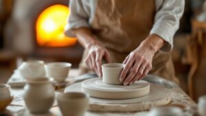 Hands shaping ceramics in a Japanese workshop blending traditional and contemporary design influences