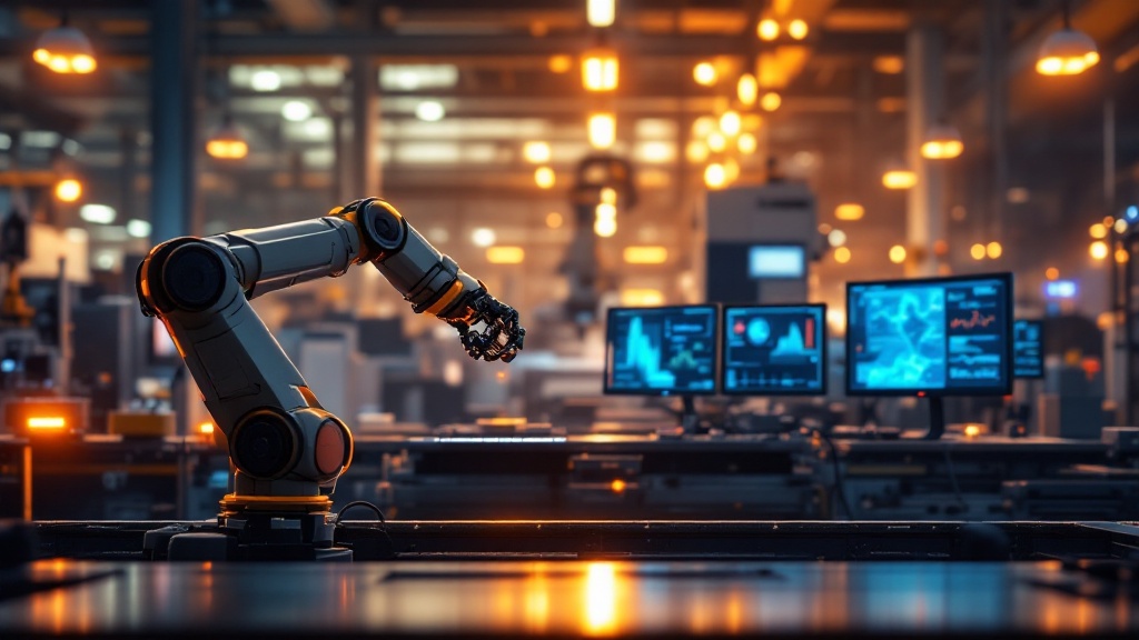 Japanese factory floor blending traditional machining equipment with modern robotic automation and digital monitoring displays