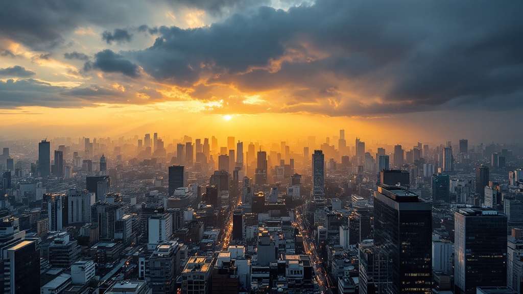 Aerial view of Tokyo skyline at dawn with dramatic clouds breaking after a storm