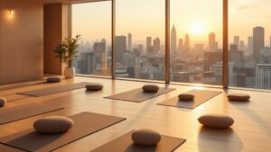 Sunlit wellness room with yoga mats and meditation cushions in a modern Tokyo office overlooking the city skyline