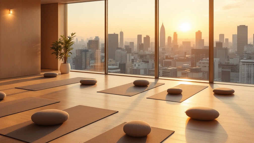 Sunlit wellness room with yoga mats and meditation cushions in a modern Tokyo office overlooking the city skyline