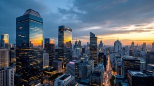 Aerial view of Tokyo Marunouchi business district at twilight with glass towers reflecting warm sunset light