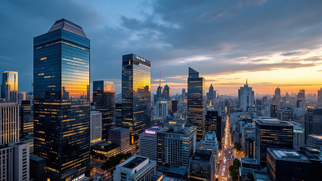 Aerial view of Tokyo Marunouchi business district at twilight with glass towers reflecting warm sunset light
