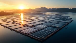 Aerial view of a Japanese coastal aquaculture farm with IoT sensors at golden hour