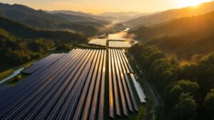 Aerial view of solar panel arrays in a Japanese mountain valley at golden hour