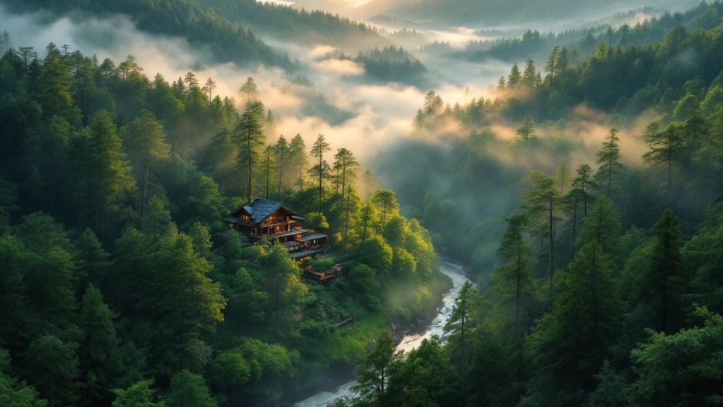 Aerial view of a Japanese eco-lodge surrounded by forest and morning mist in a rural mountain valley