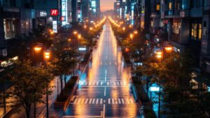 Aerial view of a Japanese urban district at twilight with IoT sensors on lampposts and LED-lit walkways reflecting on wet streets