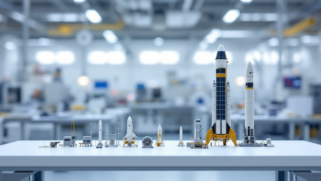 Satellite and rocket scale models on a table in a Japanese aerospace research facility