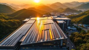 Solar panels on a Japanese factory rooftop surrounded by green hills at golden hour