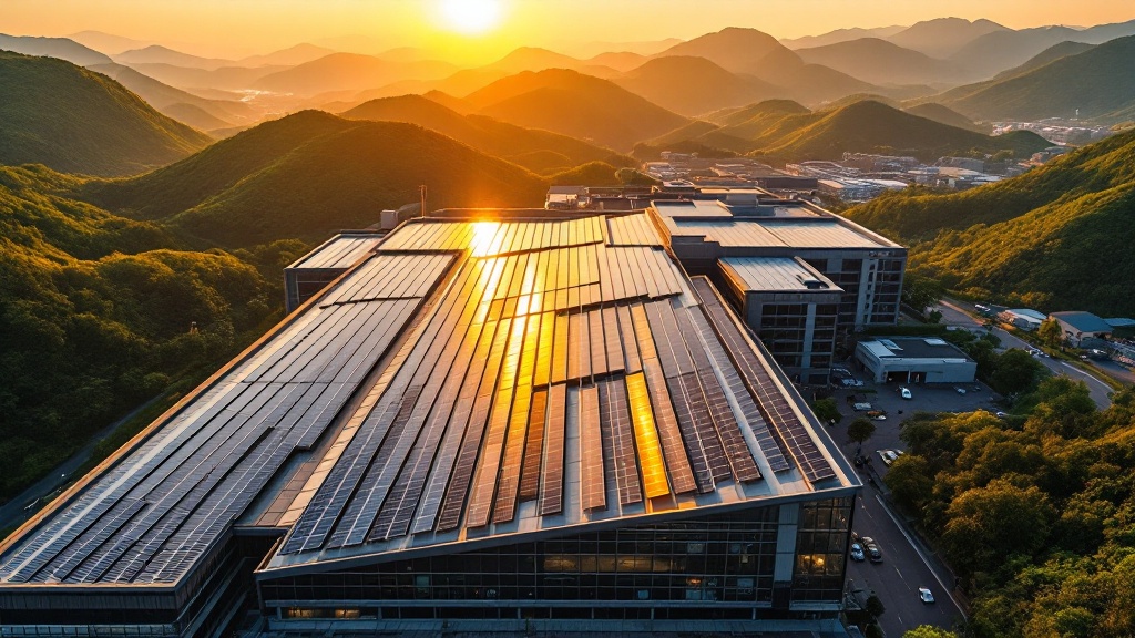 Solar panels on a Japanese factory rooftop surrounded by green hills at golden hour