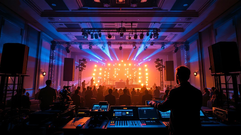 Professional audiovisual equipment and lighting rigs being configured in a Tokyo hotel ballroom