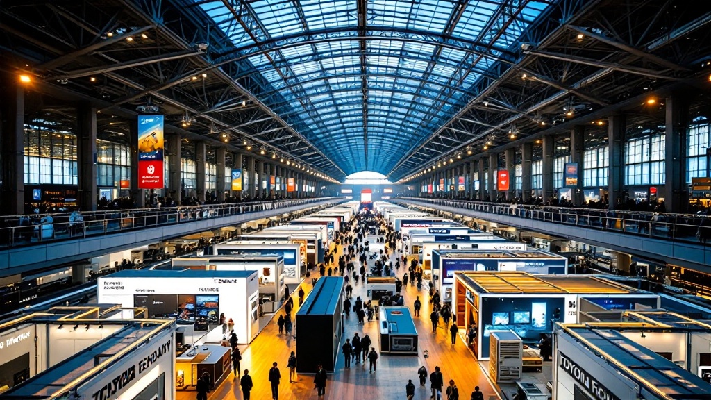 Wide view of a modern technology exhibition hall in Tokyo with illuminated booth structures under a glass ceiling