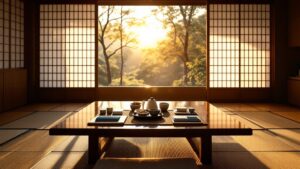 Traditional Japanese meeting room with shoji screens, business cards on lacquer table, and afternoon light
