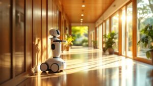 Modern Japanese elderly care facility corridor with assistive robot and garden view