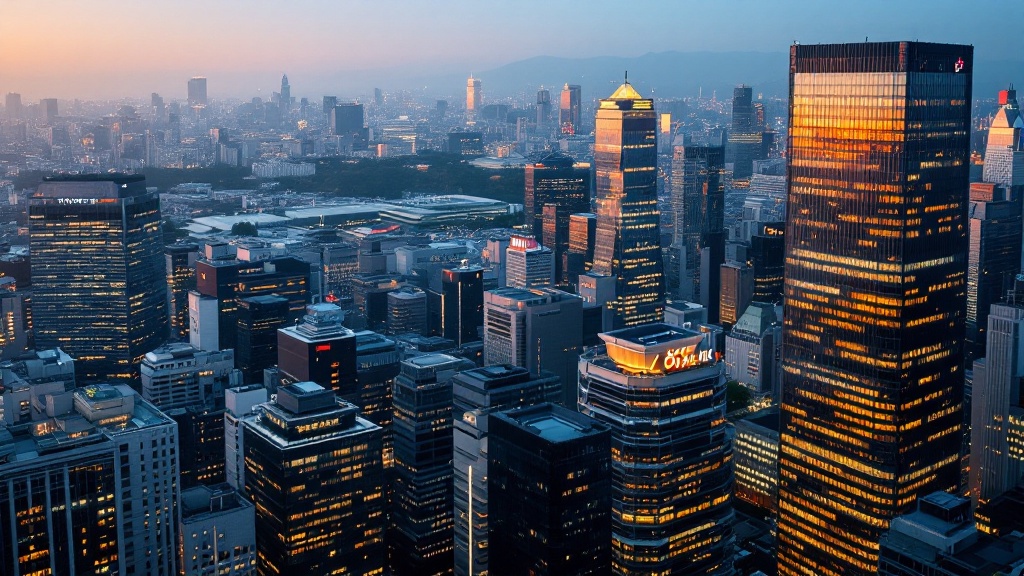 Aerial twilight view of Tokyo's Marunouchi business district with university campus in the distance