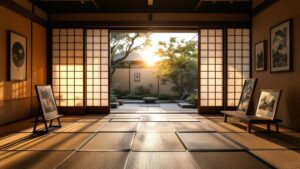 Sunlit Japanese gallery interior with shoji screens open to a zen courtyard garden