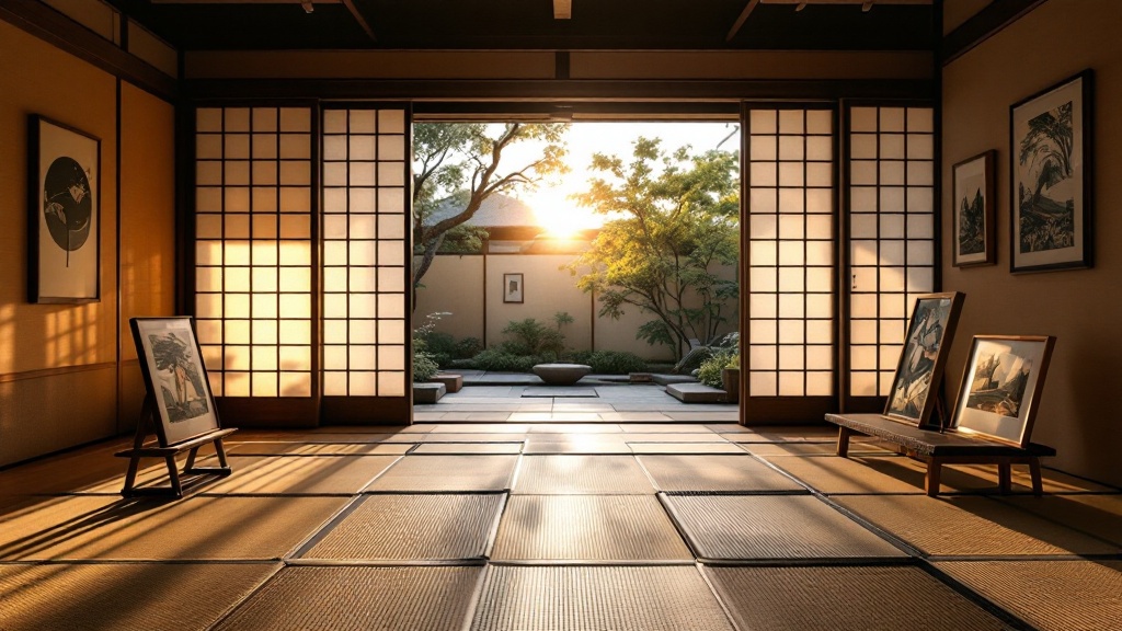 Sunlit Japanese gallery interior with shoji screens open to a zen courtyard garden