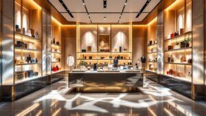 Warm-lit Japanese department store interior with atmospheric lighting and scent diffusers on display shelves