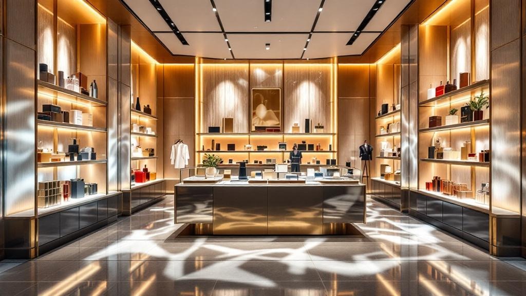Warm-lit Japanese department store interior with atmospheric lighting and scent diffusers on display shelves