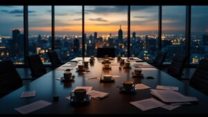 Dimly lit Tokyo boardroom with scattered documents on an empty conference table at twilight