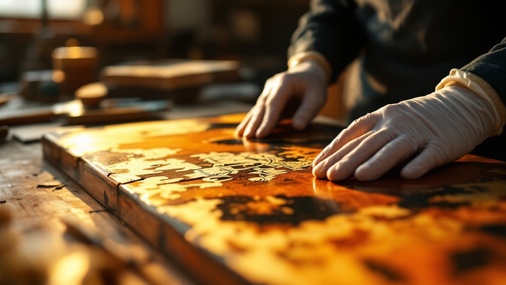 Gloved hands carefully examining a traditional Japanese lacquer artifact in a conservation studio with warm natural light