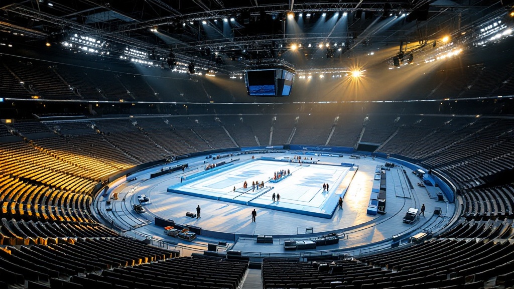 Indoor sports arena in Tokyo with crew preparing for an international competition under dramatic lighting