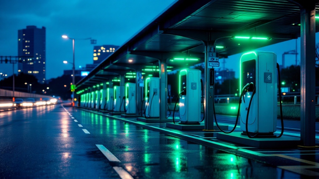 Electric vehicle charging stations lined up at a modern Japanese highway rest stop during blue hour