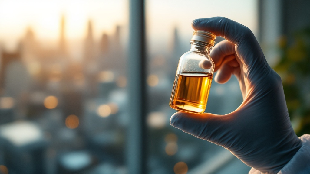 Gloved hand holding a laboratory vial with Tokyo skyline softly blurred in the background