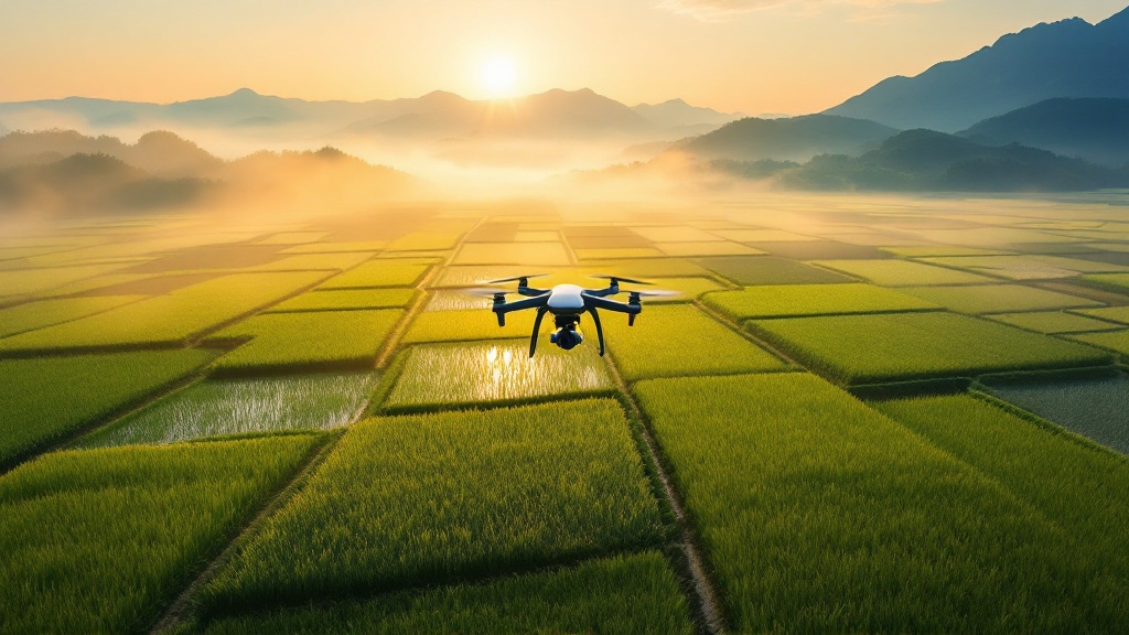 Commercial agricultural drone flying over green Japanese rice paddies at sunrise with misty mountains in the background