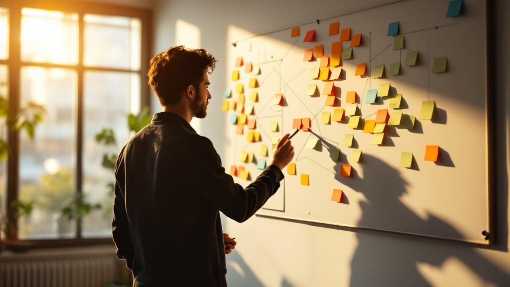 Over-shoulder silhouette of a person studying a strategy board with sticky notes in a modern Japanese coworking space
